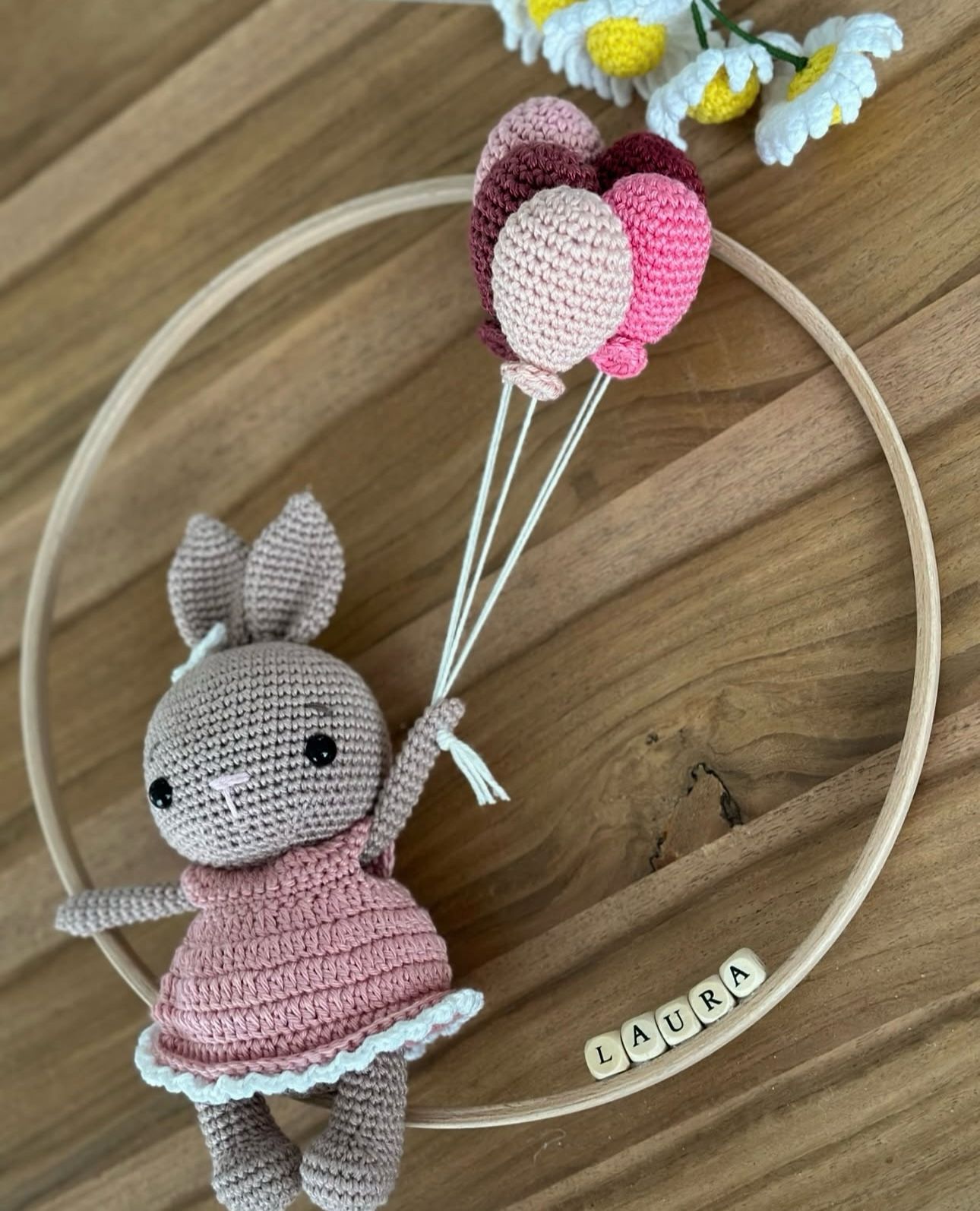 🐰 Brown Rabbit Wall Decor – Handmade Animal Figure with Balloons