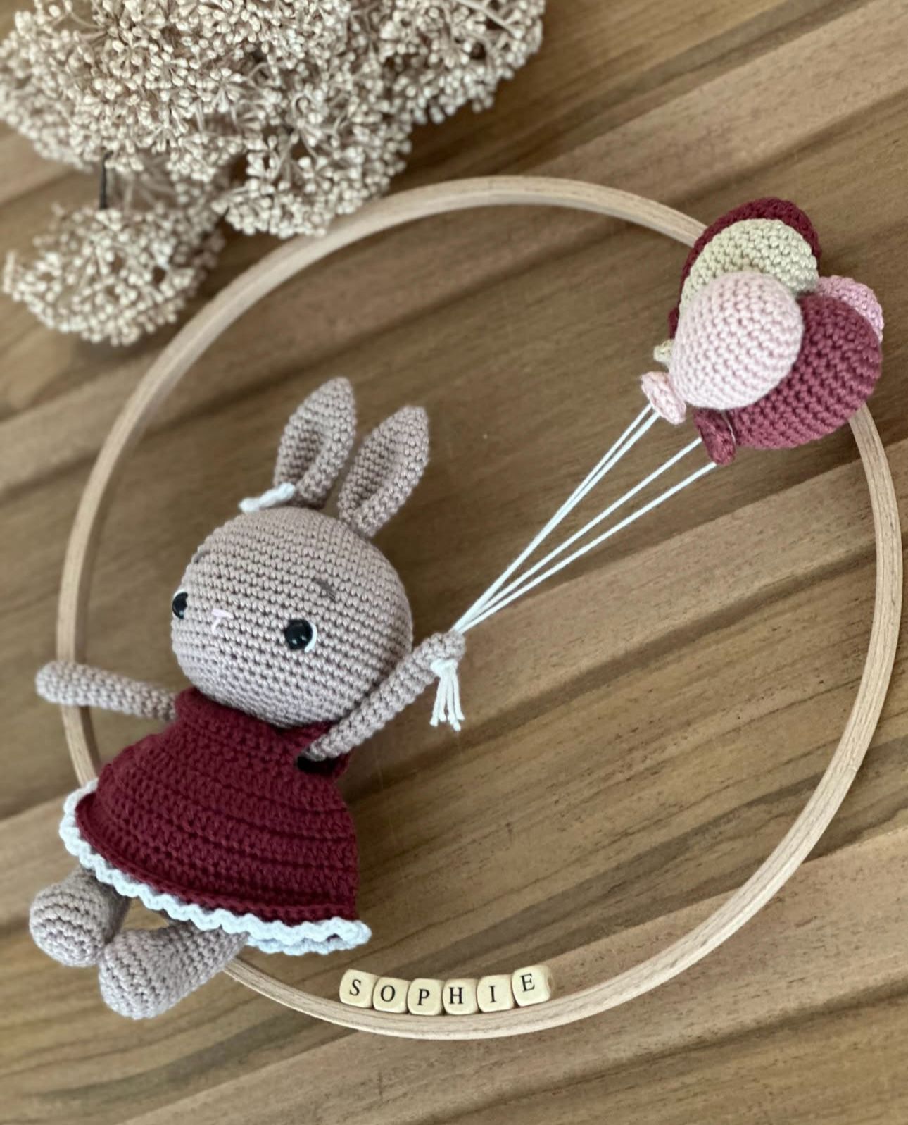 🐰 Brown Rabbit Wall Decor – Handmade Animal Figure with Balloons