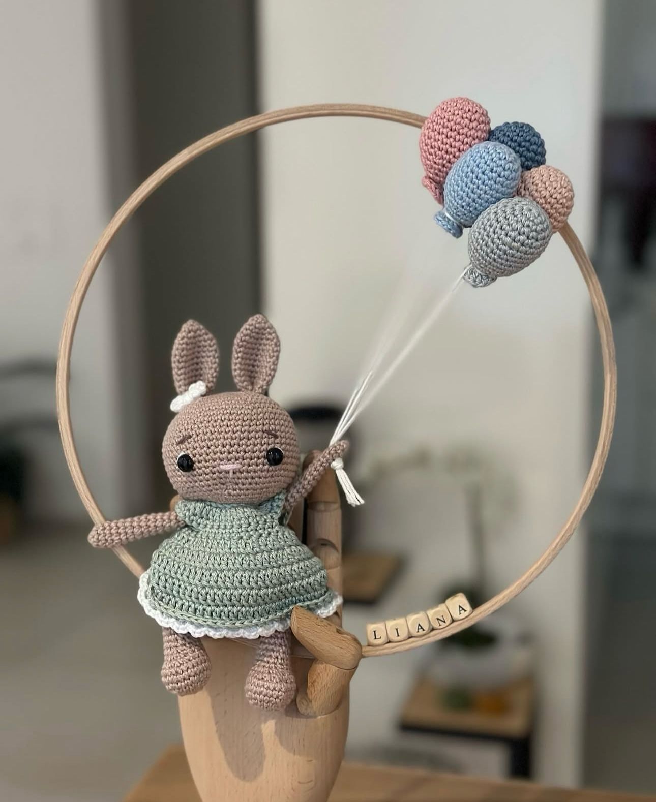 🐰 Brown Rabbit Wall Decor – Handmade Animal Figure with Balloons